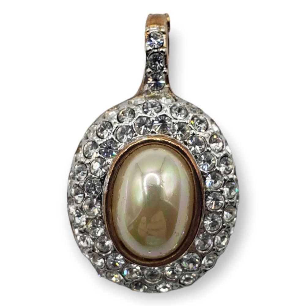Roman Vintage pendant faux pearl 3 rows of rhinestones gold tone clip closure - Picture 6 of 7